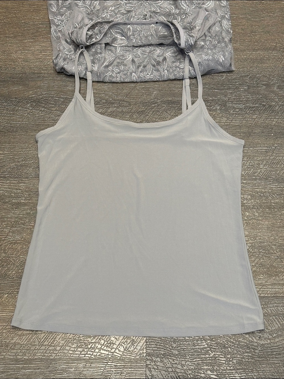 WHBM Silver Floral Embellished Lace Sleeveless Overlay Top & Gray Camisole Sz M - Picture 9 of 11